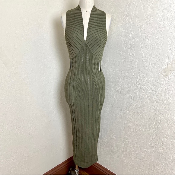$980 Dion Lee Cutout Snake Effect MIDI Olive Ribbed Dress - Picture 3 of 14
